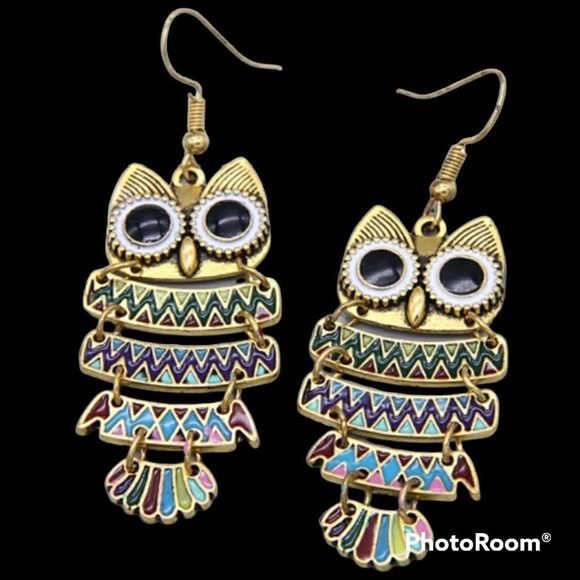 Owl Earrings Multi-color Contrast On Gold Tone - Picture 4 of 9